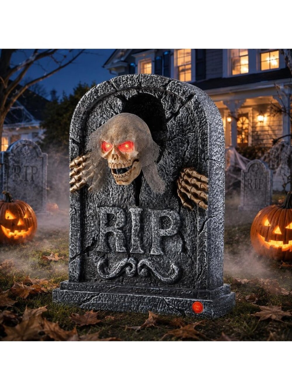 Halloween Animatronics Zombie Tombstone LED Gravestone Decorations with Skeleton